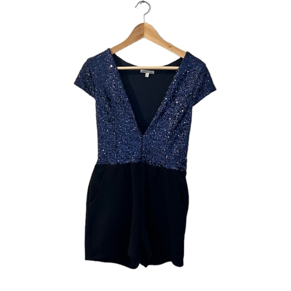 Blue and Black Sequin Romper V neck